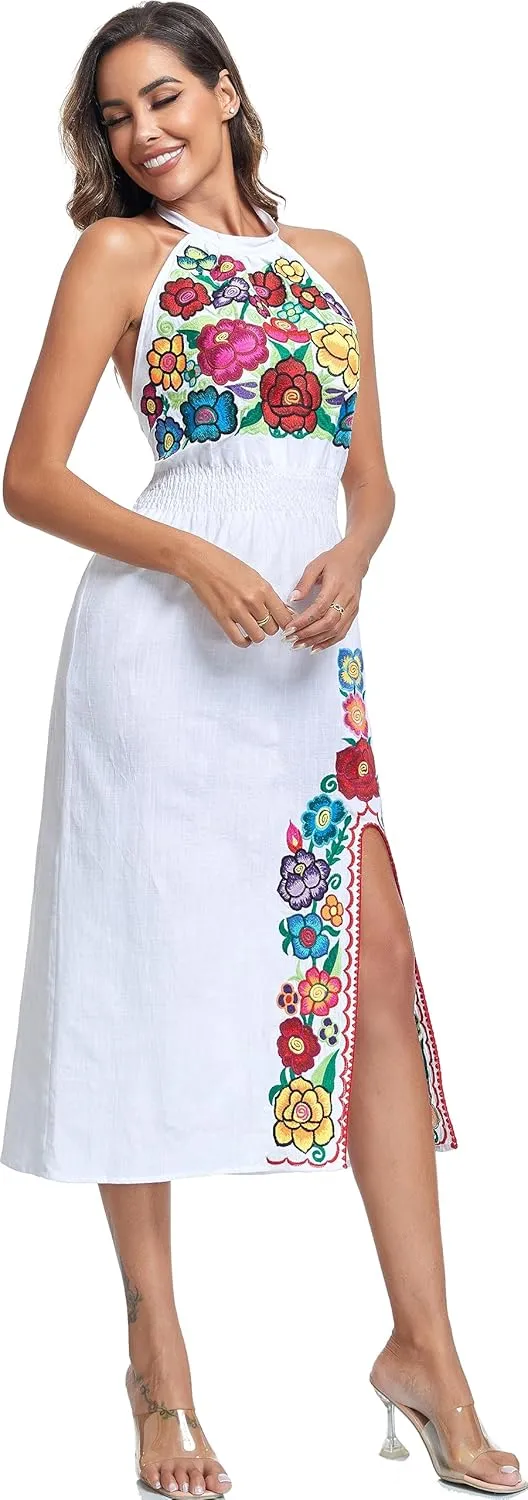 YZXDORWJ Women's Mexican Floral Embroidered Halter Neck Split Sleeveless Ruffle Party Long Dresses
