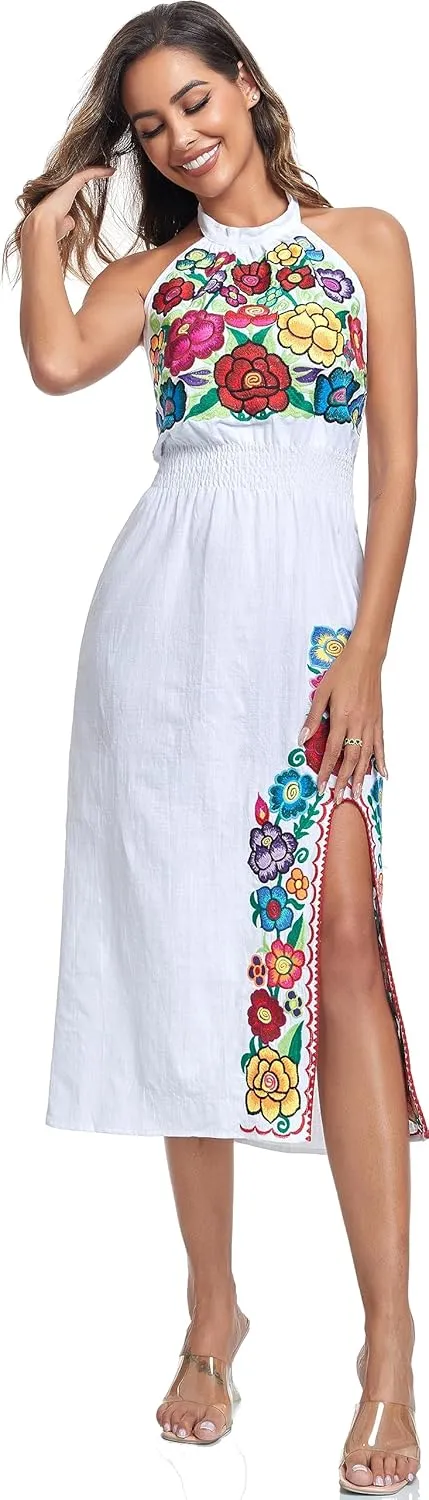 YZXDORWJ Women's Mexican Floral Embroidered Halter Neck Split Sleeveless Ruffle Party Long Dresses