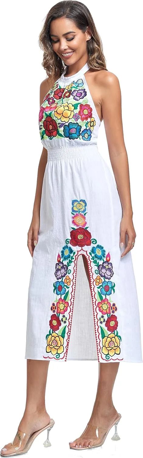 YZXDORWJ Women's Mexican Floral Embroidered Halter Neck Split Sleeveless Ruffle Party Long Dresses