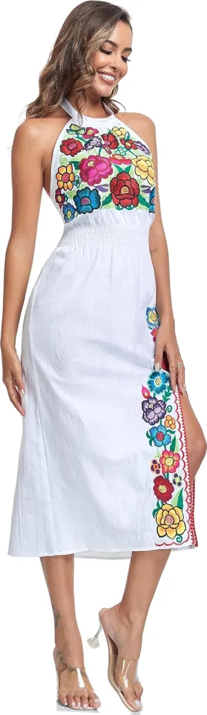 YZXDORWJ Women's Mexican Floral Embroidered Halter Neck Split Sleeveless Ruffle Party Long Dresses