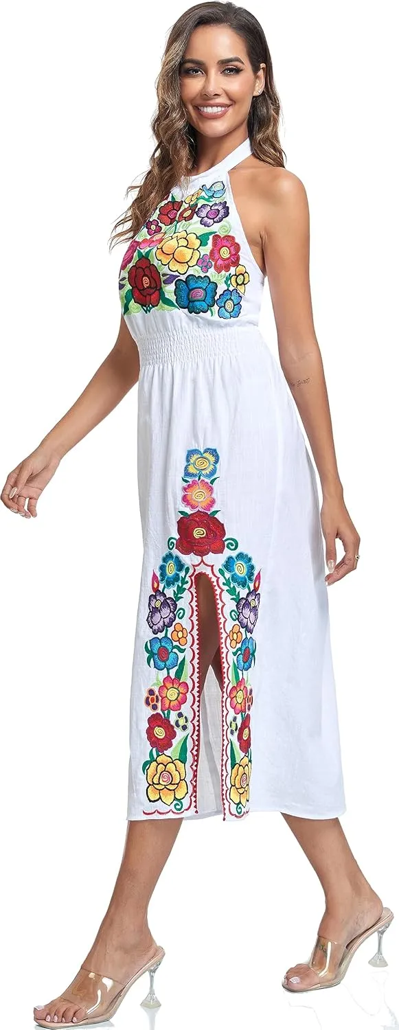 YZXDORWJ Women's Mexican Floral Embroidered Halter Neck Split Sleeveless Ruffle Party Long Dresses
