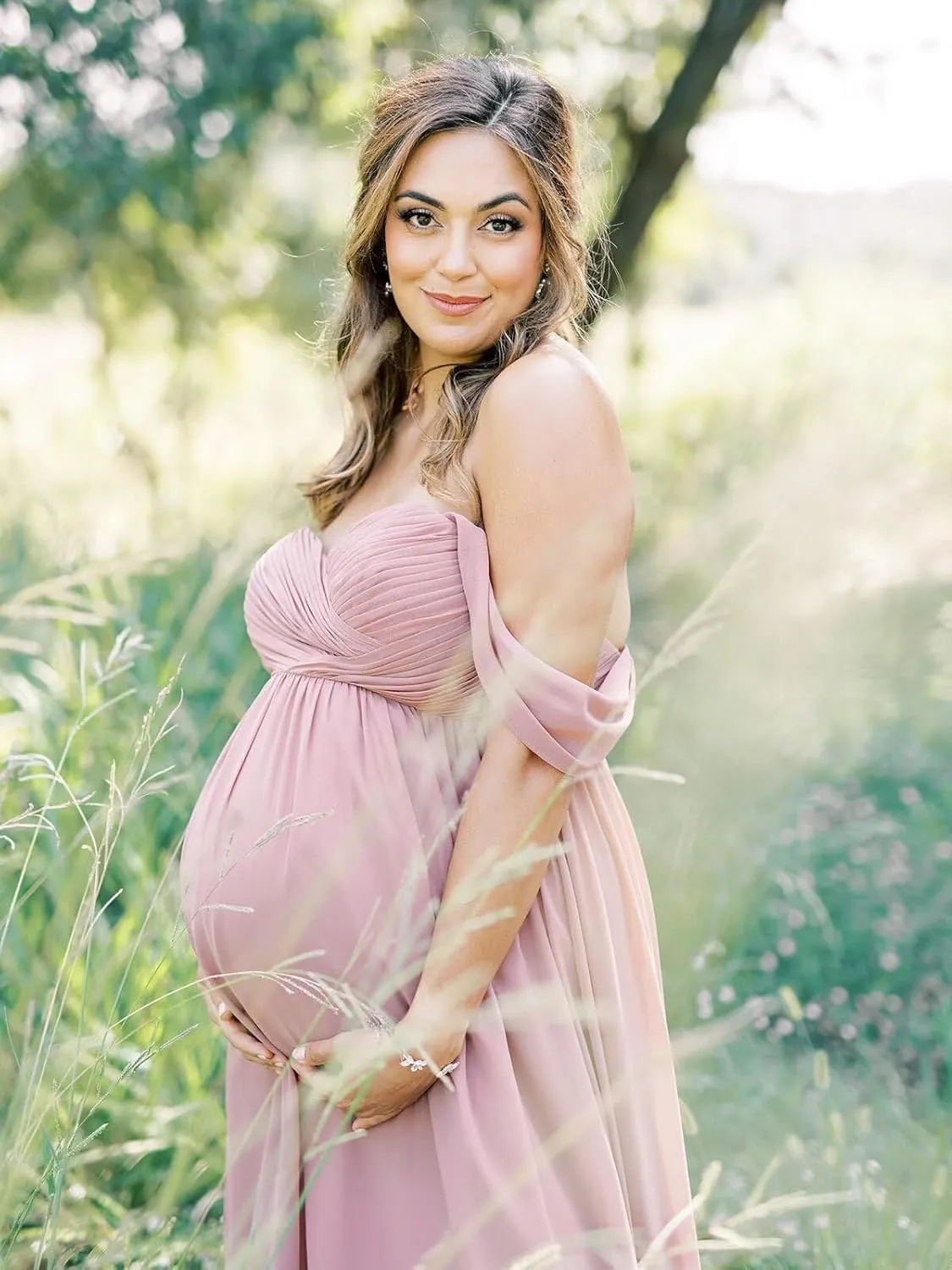 Zepumen Off Shoulder Maternity Dress for Baby Show 2024 Chiffon Robes Pregnancy Photoshoot Dress for Photography