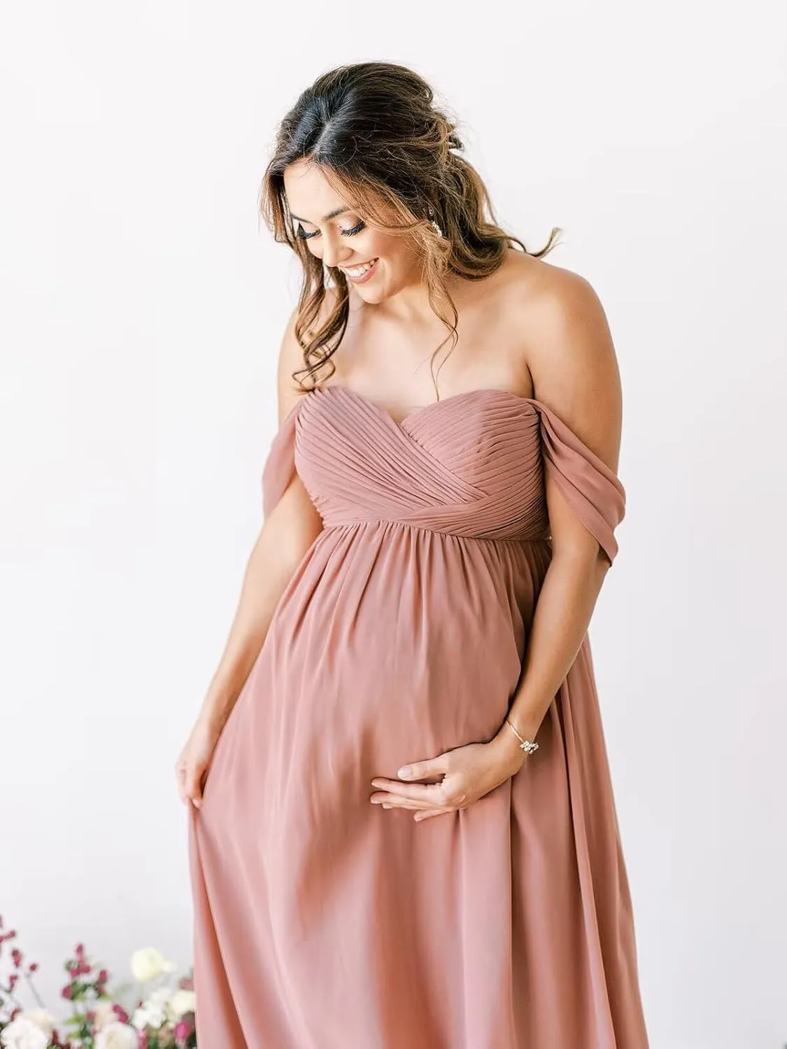 Zepumen Off Shoulder Maternity Dress for Baby Show 2024 Chiffon Robes Pregnancy Photoshoot Dress for Photography
